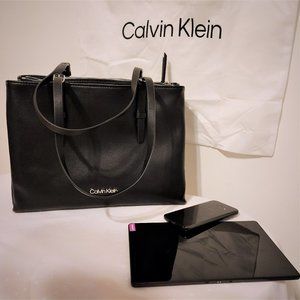 New Large Black Genuine Leather Calvin Klein 3 Storage Compartments Handbag